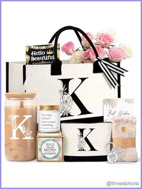 Monogram Tote Bag Set Canvas Cosmetic Bag Glass Cup Birthday Gift for Women